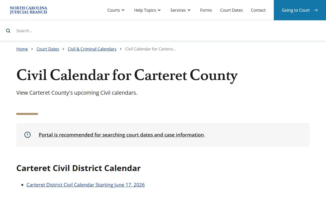 Carteret County court dockets civil court calendars