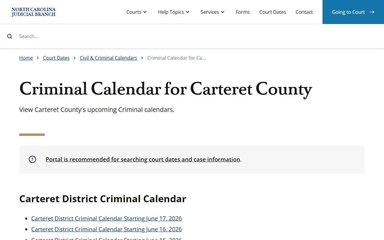 Carteret County court dockets criminal court calendars