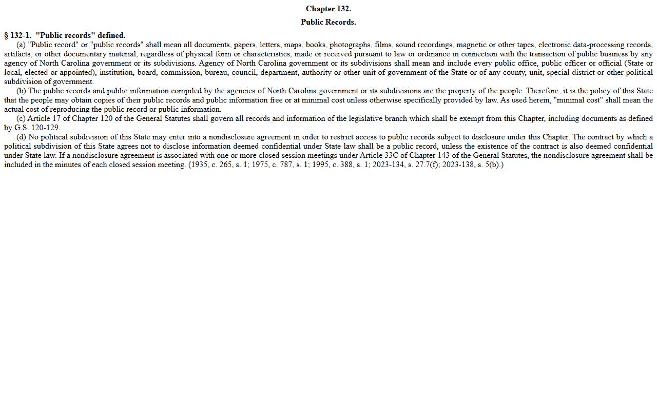 Carteret County court records North Carolina G.S. 132-1 public records statute