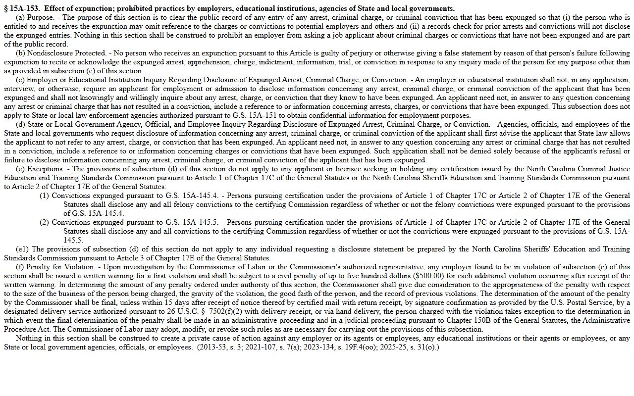 Carteret County criminal court records G.S. 15A-153 expunction statute