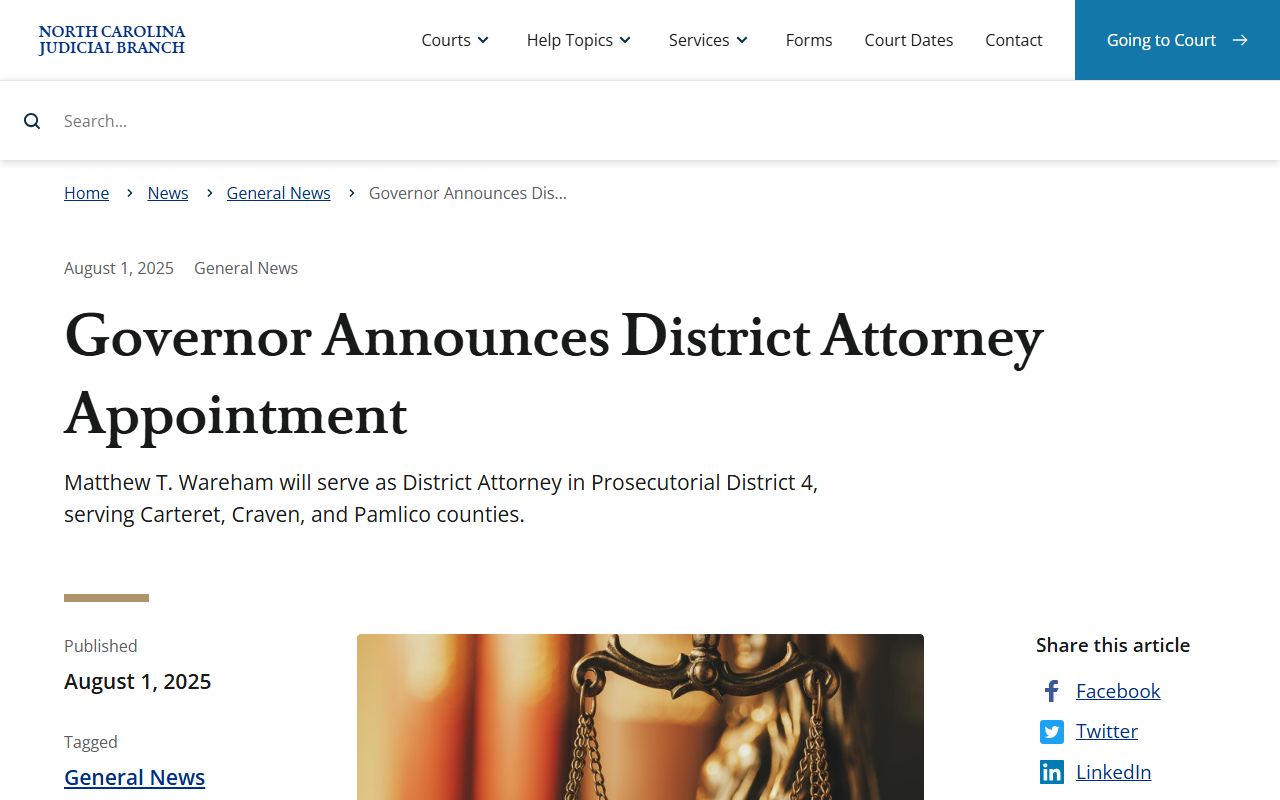 Carteret County criminal court records District Attorney appointment news