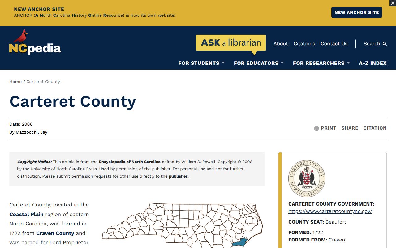 Carteret County court records NCpedia history source