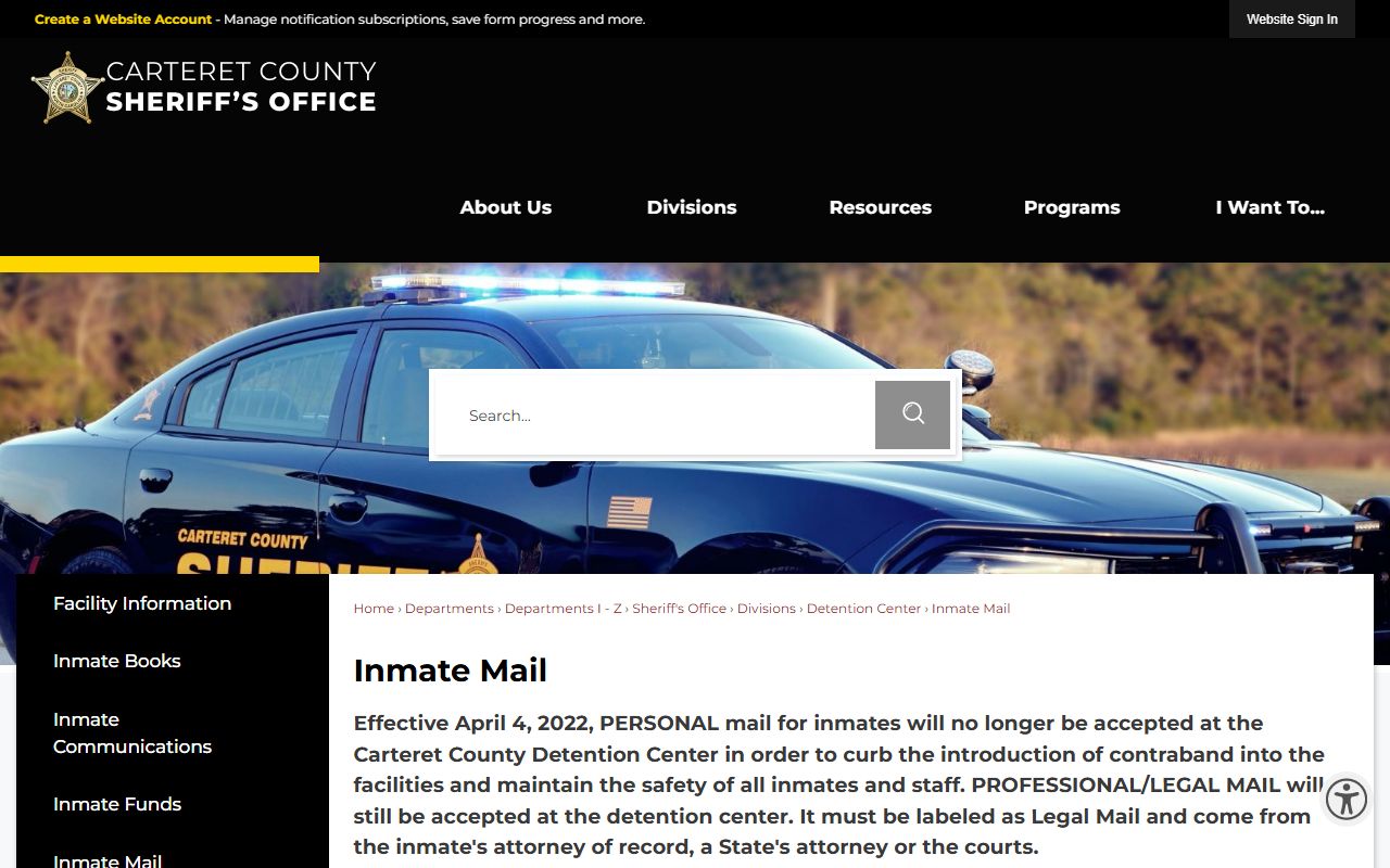 Carteret County inmate records mail Facility ID 5026 source
