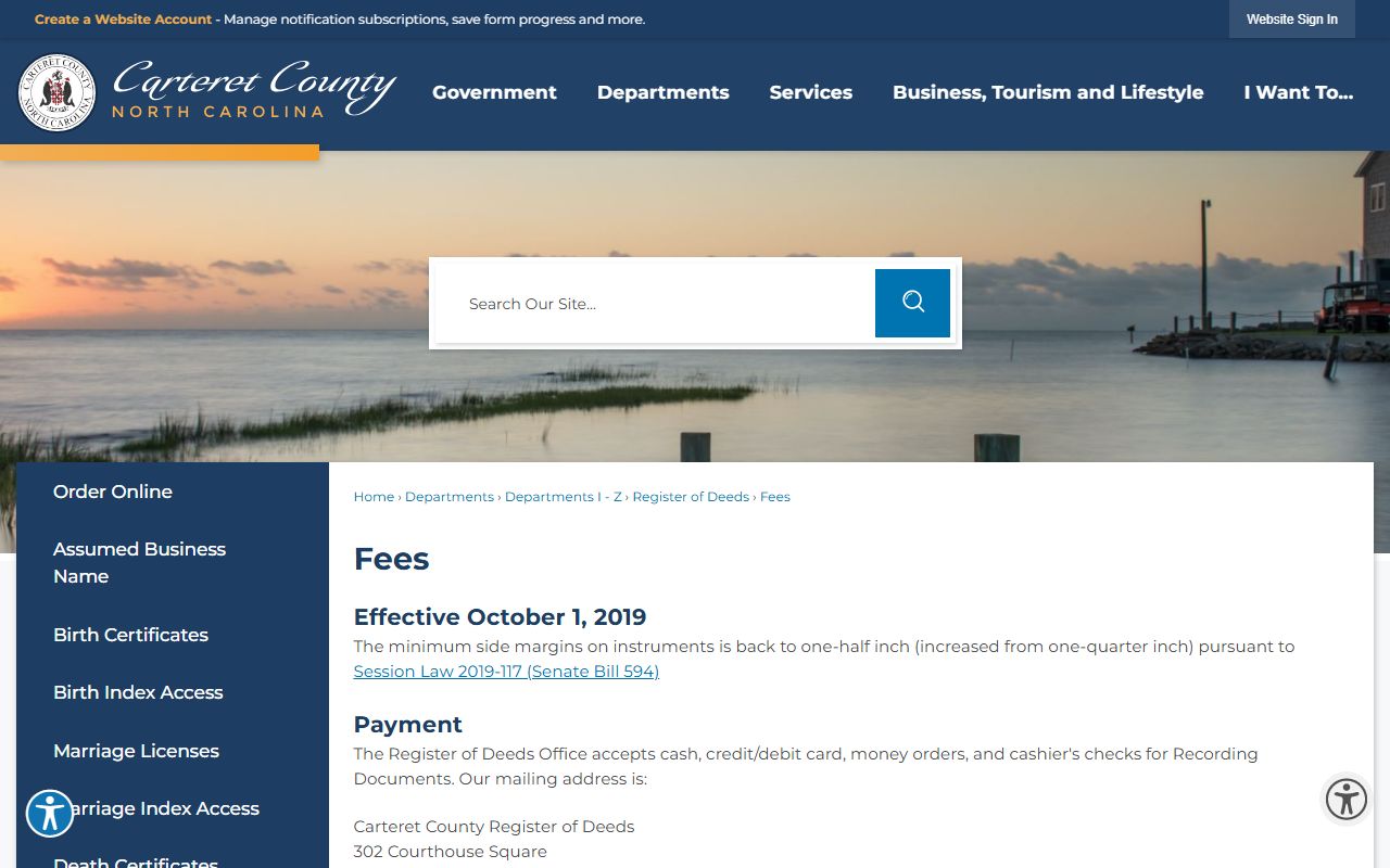 Carteret County marriage records Register of Deeds fee schedule