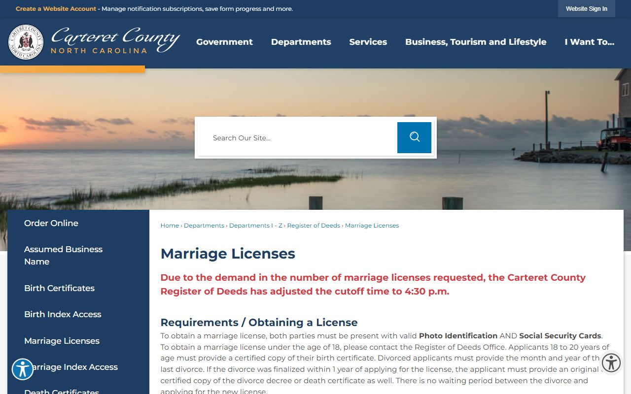 Carteret County marriage records license requirements page