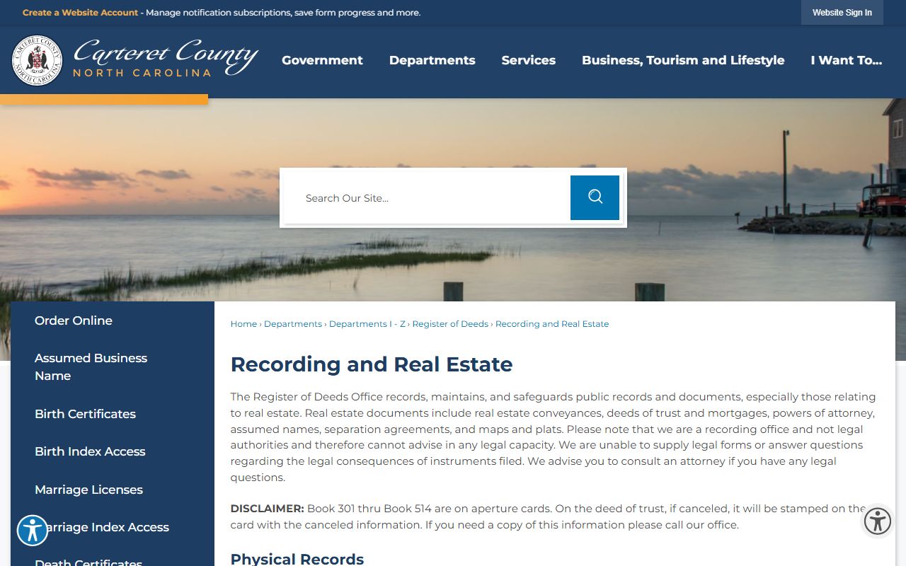 Carteret County marriage records Register of Deeds recording page