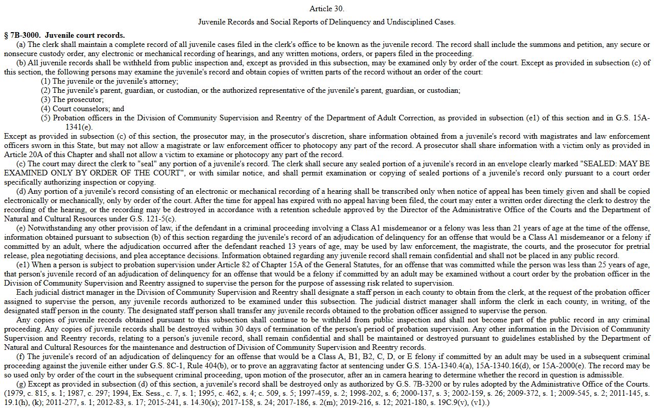 Carteret County probate records juvenile access restriction statute