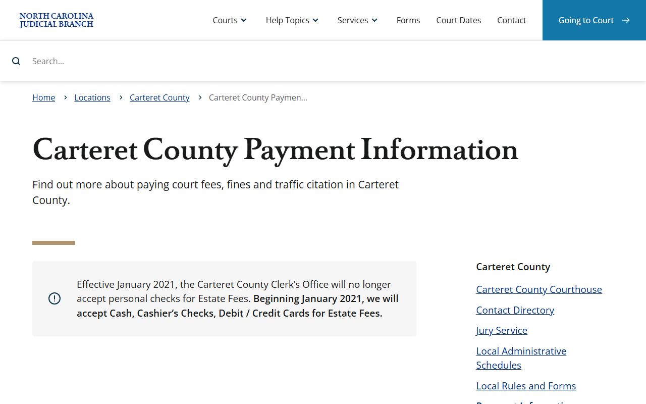 Carteret County traffic court records payment information source