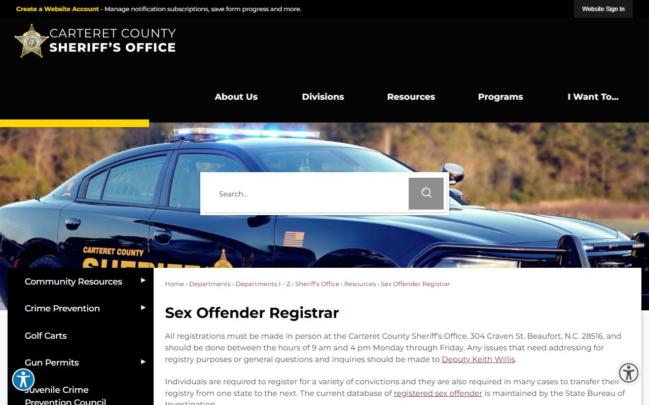 Carteret County warrant records sex offender registrar source
